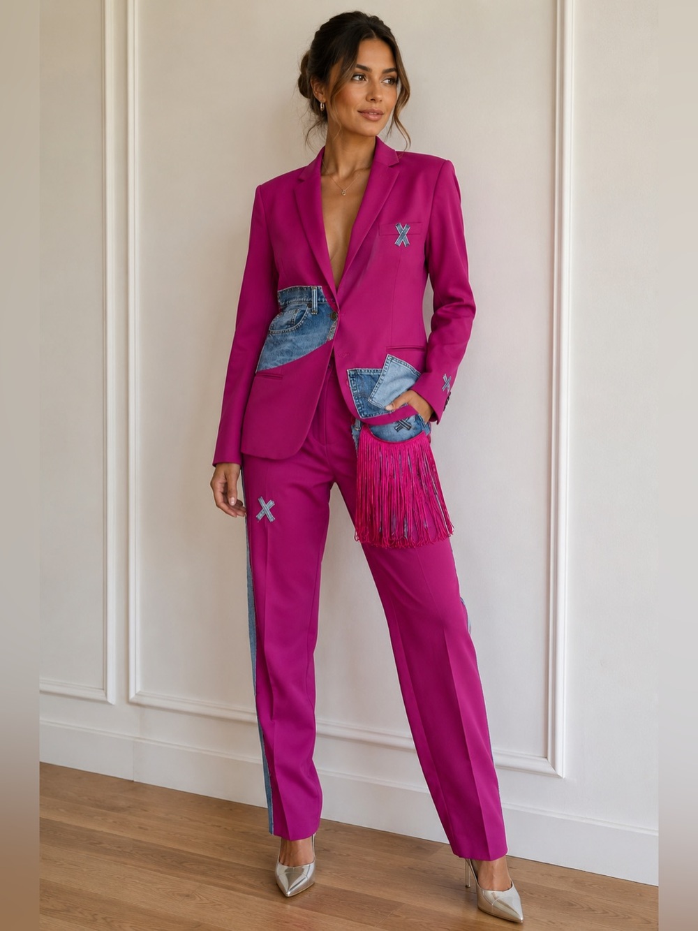 Upcycled Magenta Two-Piece Blazer and Pants Suit with Denim Accents size L